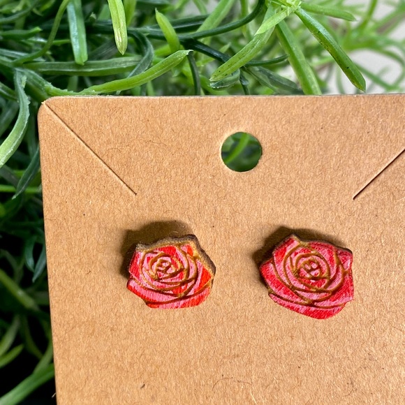 Hand Painted Red Rose Wood Stud Earrings - Picture 1 of 1